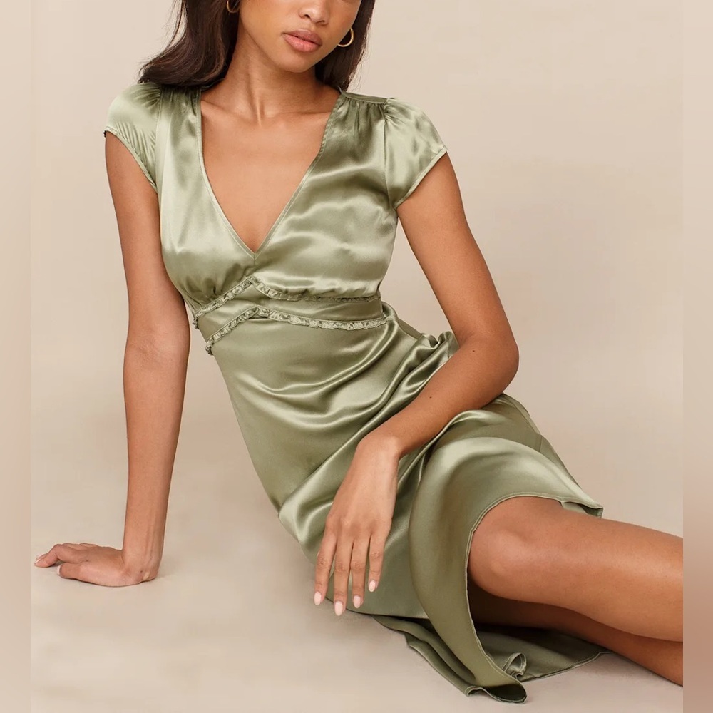 Reformation Green V-Neck Silk Dress Size 2